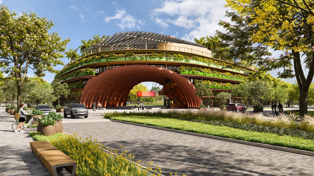 Centro empresarial do Parque Una com fachada em arco e jardins suspensos