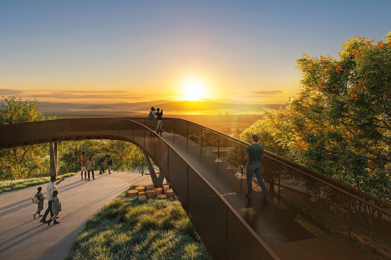 Mirante e passarela elevada do Parque Una ao pôr do sol