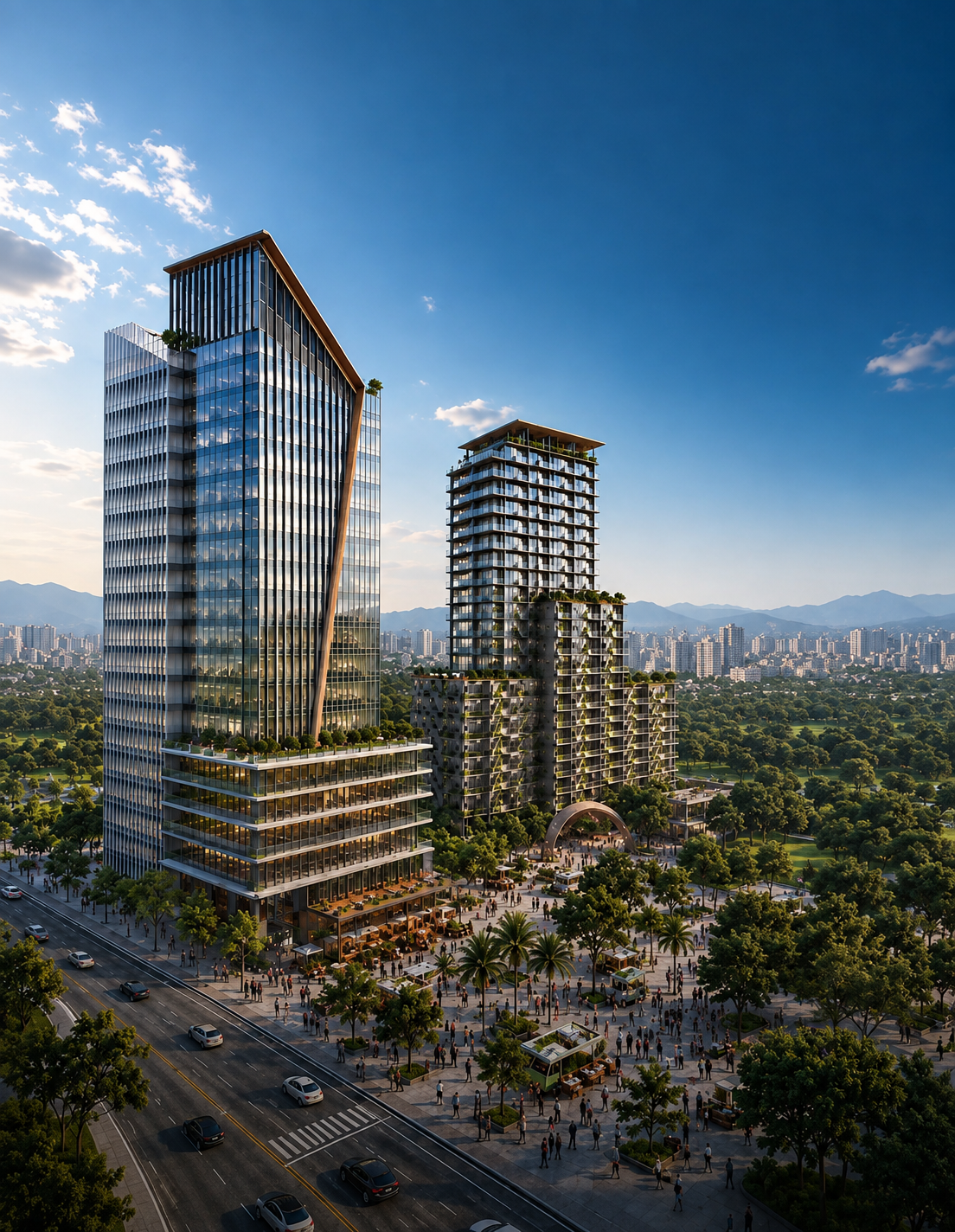 Torre empresarial do Parque Una com fachada contemporânea e praça arborizada